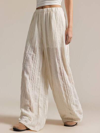 Easelle 女士纯色弹力腰宽松休闲日常通勤阔腿裤