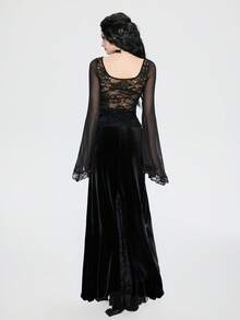 Breakform 女士哥特式优雅植绒花卉拼接植绒缎带刺绣A字长裙 - 黑色 - 查看 2