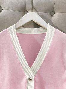 SHEIN LUNE New Slim Fit Stylish Color Block V-Neck Cardigan For Women, Chic & Versatile, Spring/Autumn - Dusty Pink - View 7