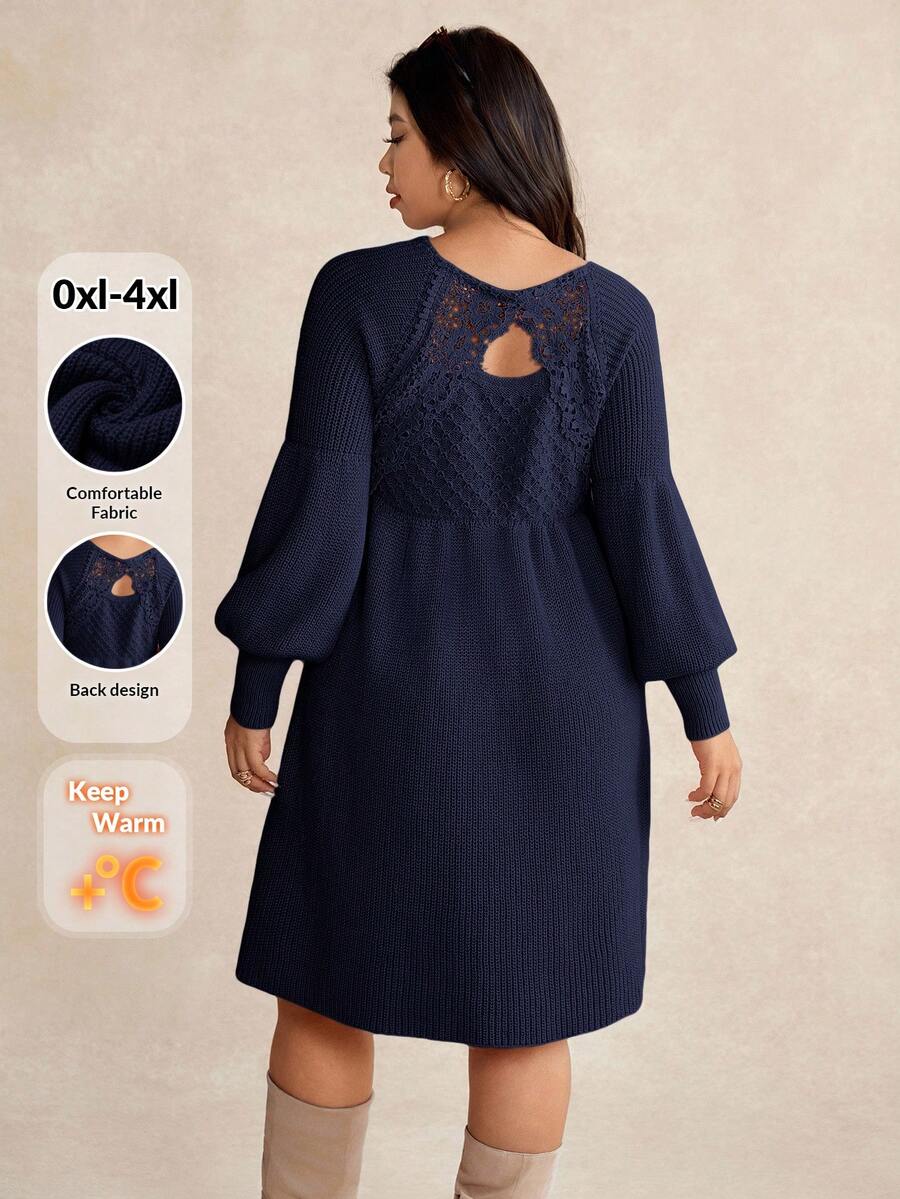 Elaquor 大码女士休闲优雅蕾丝拼接腰部A字针织连衣裙 - 藏蓝色 - 查看 1