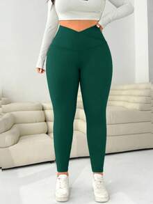 SHEIN EZwear 大码深绿色女式紧身裤 - 墨綠色 - 查看 3