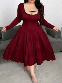 Flirla 女士加大码修身长袖连衣裙 - 酒紅色 - 查看 3