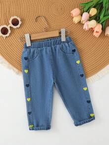 SHEIN Vintaside Kids 女婴爱心刺绣牛仔锥形裤 - 中等水洗藍 - 查看 4