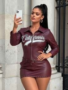 SHEIN SXY Burgunderrote Jacke mit Buchstaben-Muster, figurbetont, mit Reißverschluss, Herbst-Winter-Kleidung für Frauen