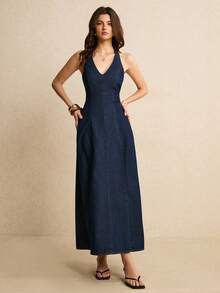 Poéselle 女士性感休闲露背吊带牛仔连衣裙，夏季 - 深色水洗藍 - 查看 3