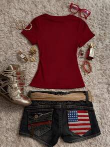 Glimmora Women's Casual Solid Color Round Neck Fitted Short Sleeve T-Shirt, Summer - Burgundy - View 2