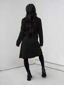 SAYEHFBABY 女款雙排扣純色大衣 秋冬外套，適合嬌小女性 - 黑色 - 查看 6