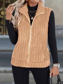 SHEIN Clasi 纯色羊毛口袋前拉链无袖背心，秋冬款 - 摩卡棕 - 查看 5