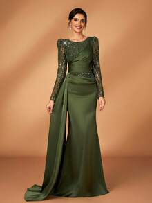 Serin 亮片拼接羊腿袖褶裥设计拼接缎带优雅新娘母亲礼服 - 墨綠色 - 查看 6