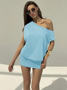 Aloruh Modern Sexy Asymmetric Shoulder Short Sleeve Mini Bodycon Dress For Young Ladies - Baby Blue - View 3