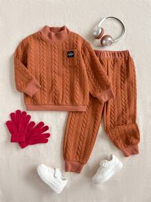 PrepCrw 2 peças/Conjunto Moletom de Gola Alta e Calça de Moletom Estilo Universitário para Meninos Jovens - Castanho - Visão 2