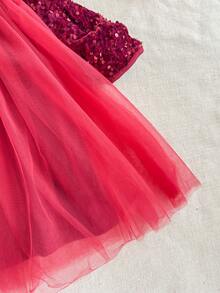 PrepCrw 年轻女孩优雅串珠网眼圆领泡泡袖派对连衣裙 - 紅色 - 查看 4