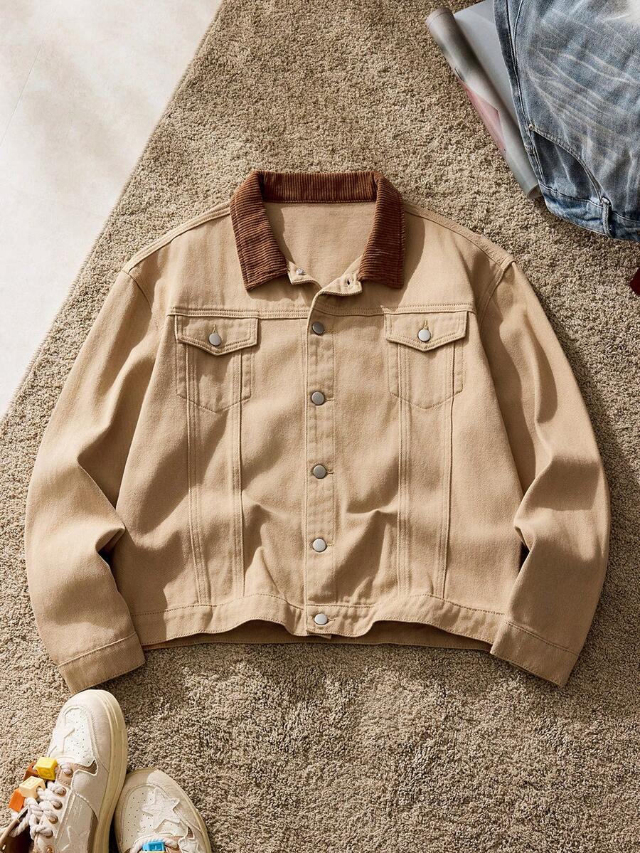 SWAVVY Men's Casual Contrast Color Collar Denim Jacket, Autumn - Khaki - View 1