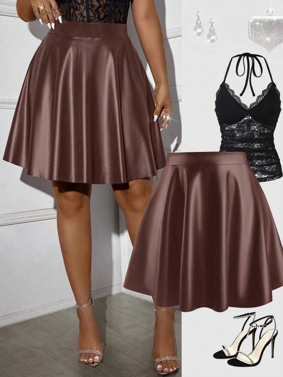 Flirla Plus Size Women Solid Color PU Leather Mini Skirt - Brown - View 1