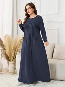 Lacomfia Knitted Stretchy Hazy Blue Long Sleeve Pleated Pocket Minimalist Casual Loose Soft Plus Size Dress For Women - Navy Blue - View 6