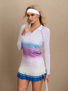 Cheerettes 女士渐变色插肩袖拉链半开襟运动Polo衫 - 白色 - 查看 7