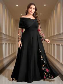 SHEIN Clasi Plus Size Women Floral Embroidery Mesh Patchwork Off Shoulder Elegant Black Autumn Formal Evening Wedding Dress,Glitter Sequin High-Slit Long Gown - Black - View 8
