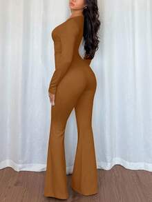 Chiquease Sexy Women's Black High Stretch Jumpsuit With Front & Middle Metal Decor Buckle, Casual European & American Style - Camel - View 2