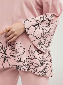 Veilorie 2 pièces Ensemble femme Top à manches évasées imprimé floral avec col en V échancré et pantalon - Rose bonbon - Voir 5