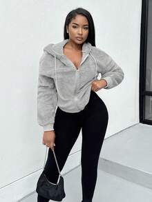 Alexandranx Women's Solid Color Fluffy Hooded Sweatshirt Sweatshirt, Thick Fleece Hoodie For Ladies, Autumn/Winter - Grey - View 5