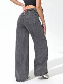 SHEIN ICON Plus Size Women Vintage Washed Straight Leg Jeans - Dark Grey - View 2