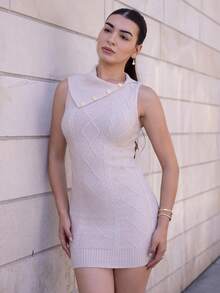 Andrea Bello Women's Sleeveless Textured Turtleneck Fitted Sweater Dress For Casual Wear, Autumn/Winter - Grey - View 6