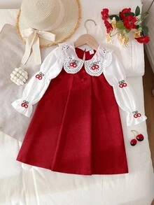 Đầm suông dài tay cổ tròn ren trắng họa tiết quả anh đào 3D cho bé gái, thích hợp mặc dự tiệc, mặc hàng ngày, ngọt ngào và dễ thương, mùa xuân/thu - Đỏ - Xem 8