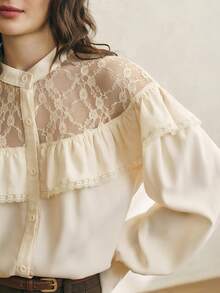 Cévolie Women's Spring/Autumn New French Lace Patchwork Romantic Ruffle Button Front Long Sleeve Blouse - Apricot - View 5