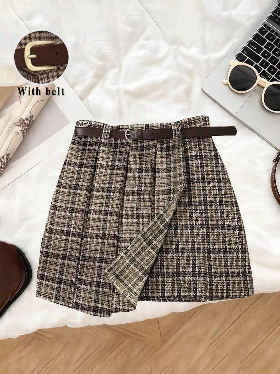 Franclia Women's Brown Plaid Pleated A-Line Mini Skirt With Belt,Elegant Autumn Preppy Style,Back-To-School Office Wear,Versatile Casual Business Attire - Brown - View 1