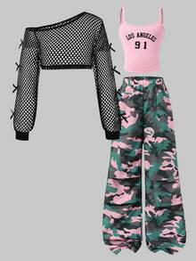 SHEIN 少女露肩长袖蝴蝶结装饰上衣、字母印花吊带背心和迷彩阔腿裤休闲套装 - 彩色 - 查看 3