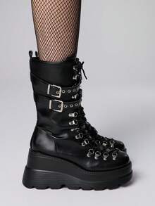 ROMWE Giày bốt đế dày buộc dây phong cách Punk Goth thời trang bằng kim loại, cao đến bắp chân - màu đen - Xem 4