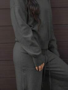 SAYEHFBABY 2件套女式圆领长袖毛衣上衣和裤子套装 - 深灰色 - 查看 4