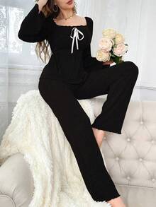 两件套女士蕾丝拼接圆领睡衣套装 - 黑色 - 查看 4