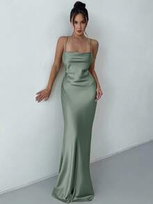 Aloruh 女士纯色深V领露背修身性感时尚吊带连衣裙 - 薄荷藍 - 查看 7