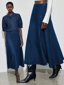 Maija French-Style Elegant Denim Midi Skirt, Autumn/Winter Midi Skirt, Mid-Waisted A-Line Skirt,Elegant Winter Outfits