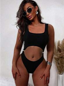 Swim SXY 鏤空環鏈連體泳衣 - 黑色 - 查看 3