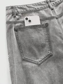 ROMWE MEN Street Life Casual Wide Leg Button Pocket Men's Sparkling Diamond Denim Shorts - Grey - View 5