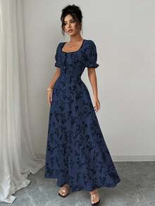 Elenzga 女式复古优雅花卉印花方领 A 字长裙，适合休闲、度假、日常聚会、春夏季 - 彩色 - 查看 7