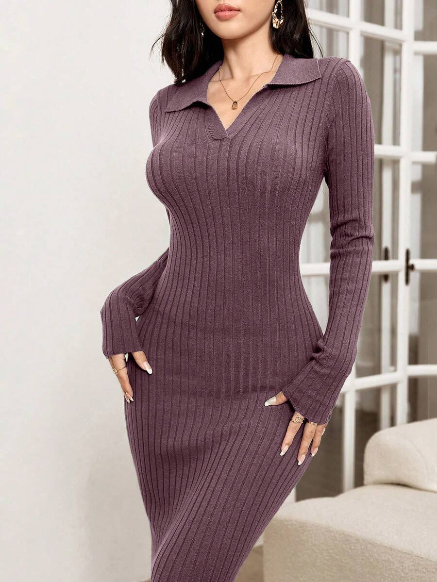 Modelyn Váy dệt kim bó màu trơn thanh lịch dành cho nữ, Thu/Đông - Bụi tím - Xem 1