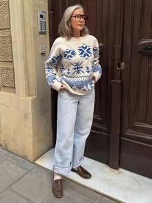 Vivie Lora Women's Loose Fit Crew Neck Christmas Snowflake All-Over Print Sweater, Blue - Blue - View 3