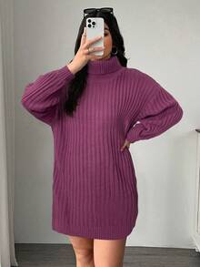 SHEIN EZwear 大码高领宽松粗针织灯笼袖毛衣连衣裙，秋冬款 - 中紫紅色 - 查看 5
