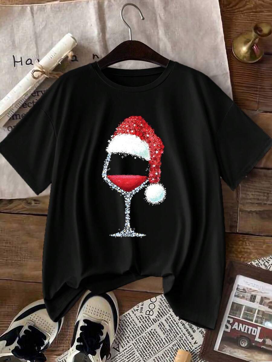 INAWLY Áo thun tay ngắn cổ tròn in hình ly cocktail Giáng sinh và mũ ông già Noel cho nữ - màu đen - Xem 1