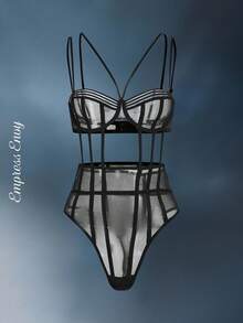 SHEIN Ladies' Sexy Sheer Mesh Lingerie Set - Black - View 1
