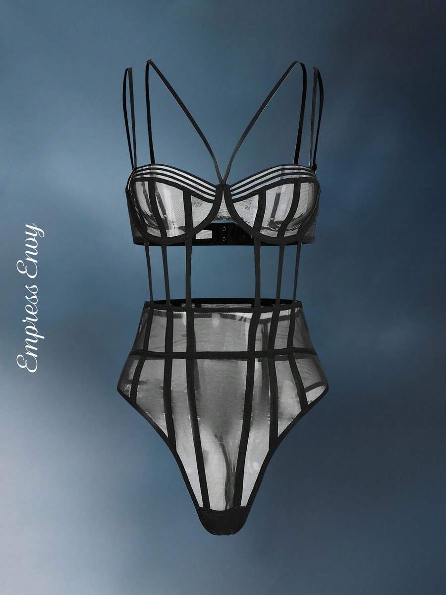SHEIN Ladies' Sexy Sheer Mesh Lingerie Set - Black - View 1