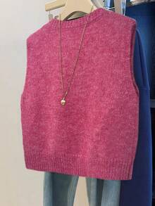 GlowEve 女士纯色圆领休闲百搭针织背心，秋冬季 - 玫紅色 - 查看 2