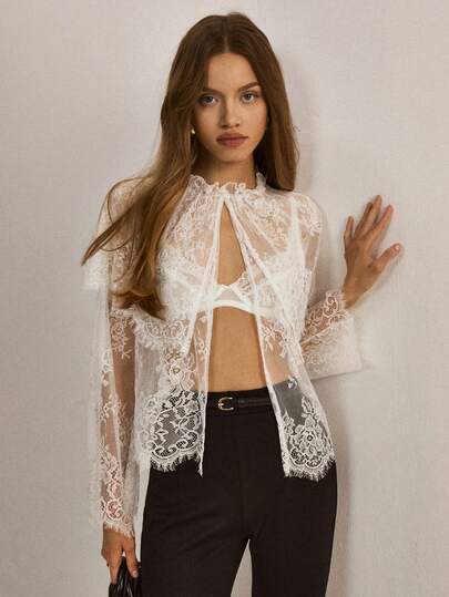 ATUI Studio Women's Solid Color Lace Sheer Long Sleeve Blouse