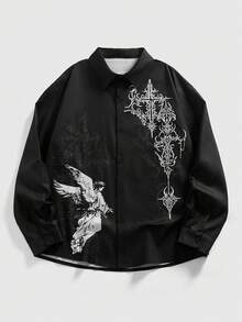 ROMWE MEN Áo sơ mi nam họa tiết thiên thần bóng tối cài một hàng khuy thời trang đường phố thường ngày - màu đen - Xem 2