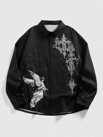 Chemise de mode de rue décontractée à simple boutonnage avec imprimé ange sombre pour hommes