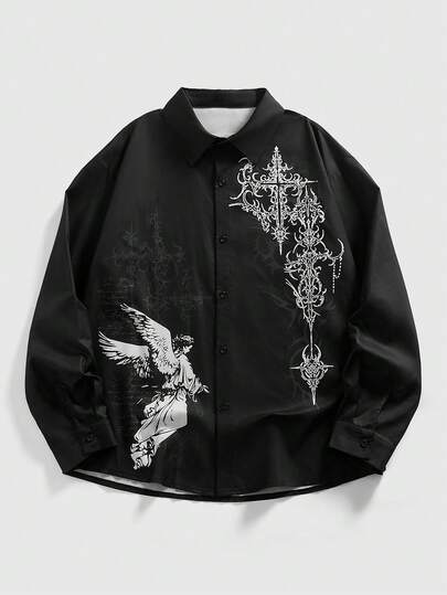 Camicia casual da uomo con stampa di angelo oscuro, monopetto, stile di moda da strada