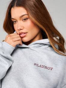 Missguided x Playboy Áo nỉ chui đầu đính kim cương cỡ lớn cho phong cách thời trang thoải mái thường ngày và dạo phố - Xám - Xem 5